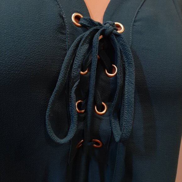 3/$20 George Boho Tunic Blouse Long Flare Sleeves Lace Up Vneck Teal - Picture 7 of 10